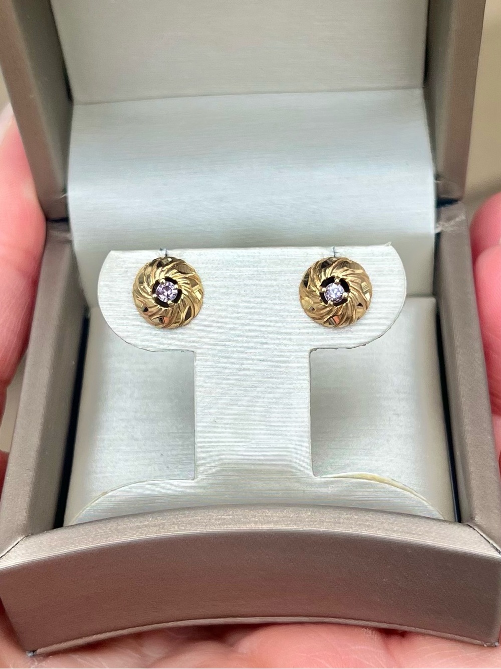 Vintage Solid 10k Gold Swirl Stud Earrings with Colour-Change Sapphires